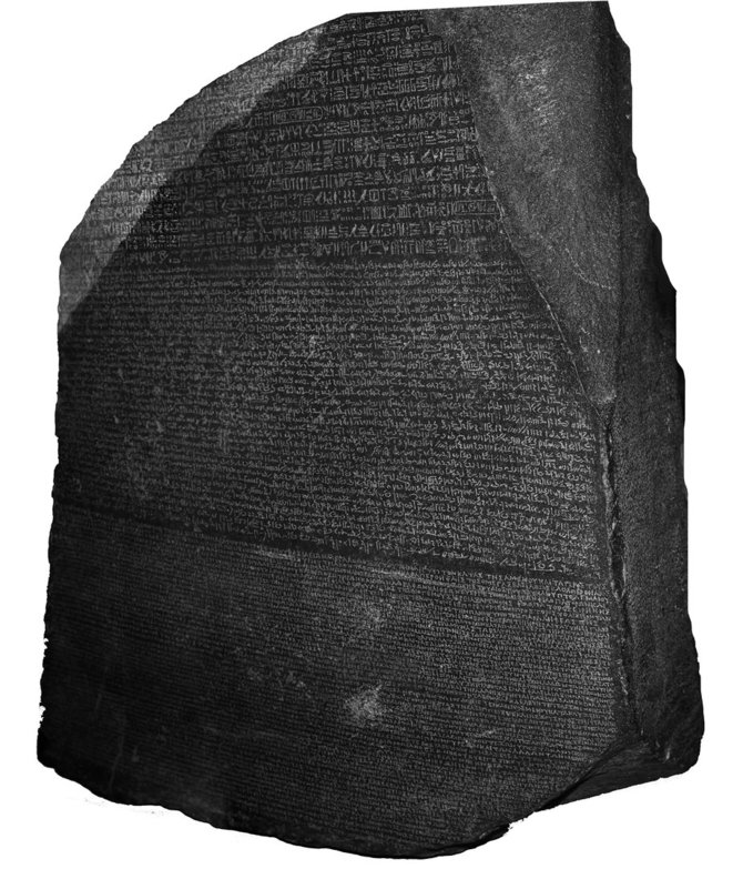 Leidyklos nuotr./196 m. pr. Kr. išraižytas ir 1799 m. atrastas Rozetės akmuo, kuriame trimis skirtingais rašmenimis (viršuje hieroglifais, per vidurį demotiniu raštu, o apačioje graikų kalba) išraižytas tas pats tekstas