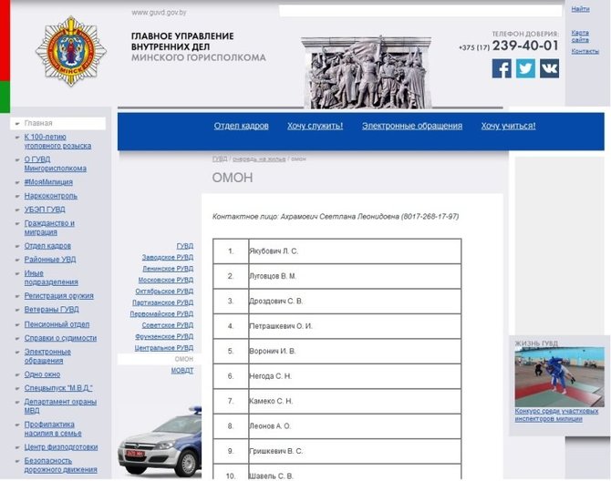 informnapalm.org nuotr./Minsko miesto vykdomojo komiteto vidaus reikalų valdybos svetainės ekrano kopija su specialiojo milicijos dalinio pareigūnų duomenimis