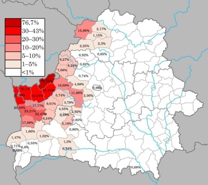 Wikipedia.org nuotr./Etninių lenkų procentas Baltarusijoje pagal rajonus (2019 m. duomenimis)