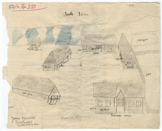 Asmeninio archyvo nuotr./Juozo Gruodžio sodybos piešinys. Nežinomas autorius. Kalbutiškių k., Dusetų vls. (dabar – Radviliškio r. sav.), 1937 m. Šiaulių „Aušros“ muziejus.