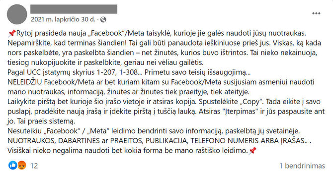 Ekrano nuotr. iš „Facebook“/Įrašas apie tariamai pasikeitusias socialinio tinklo „Facebook“ taisykles