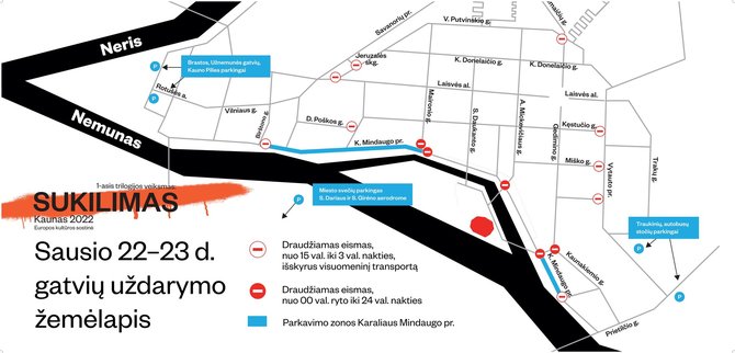 Organizatorių nuotr./Gatvių uždarymo žemėlapis sausio 22-23 dienomis Kaune