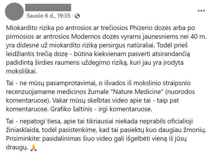 Ekrano nuotr. iš „Facebook“/Įrašas apie miokardito riziką jauniems vyrams