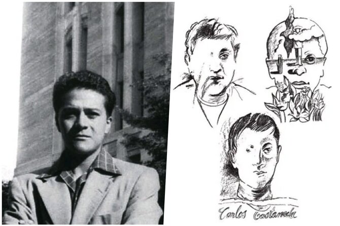 Wikipedia nuotr./Carlosas Castaneda ir jo portretas, kurį 1972 m. nupiešė Richardas Odenas ir kurį pats C.Castaneda iš dalies ištrynė.