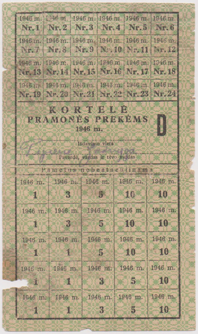 Trakų istorijos muziejaus nuotr. / LIMIS/Kortelė pramonės prekėms, 1946 m.