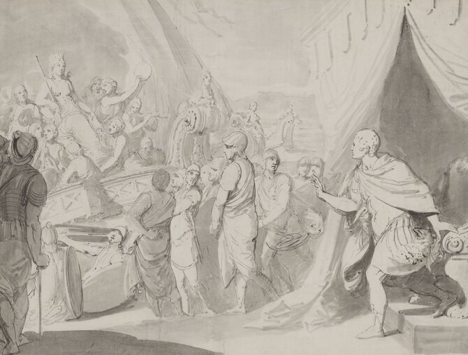 LNDM nuotr./Pranciškus Smuglevičius (1745–1807). Antonijaus ir Kleopatros susitikimas Tarse. 1772.  Popierius, tušas