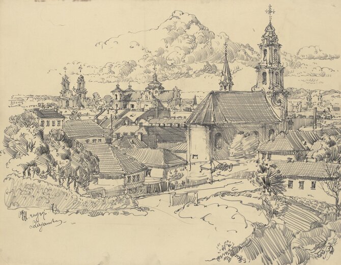 LNDM nuotr./Leonas Lagauskas (1928–2010). Vilniaus panorama. 1971. Popierius, pieštukas