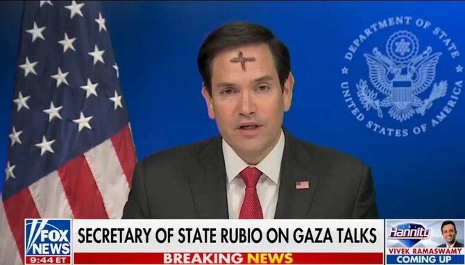 Stop kadras iš Youtube/JAV valstybės sekretorius Marco Rubio tiesioginės transliacijos metu