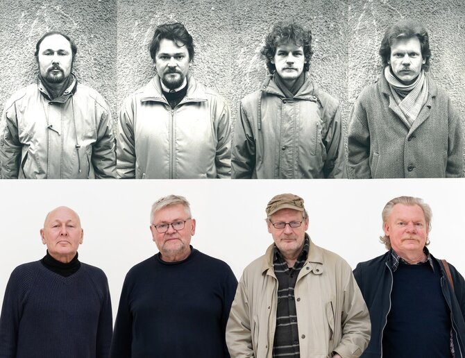 Gintaro Zinkevičiaus ir Gintarės Grigėnaitės fotokoliažas/Grupės „Post Ars“ nariai: Robertas Antinis, Česlovas Lukenskas, Gintaras Zinkevičius, Aleksas Andriuškevičius