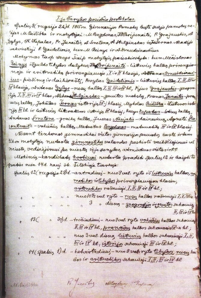 Antano Vienuolio gimnazijos archyvo nuotr./Pirmosios lietuvių gimnazijos steigimo protokolas, 1915 m. spalio 9 d.