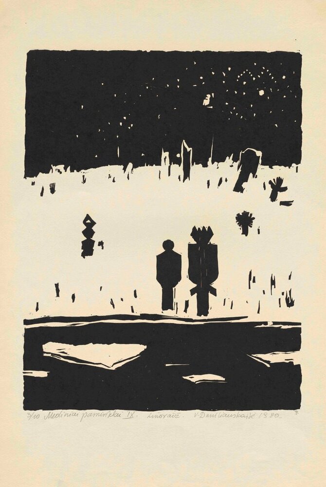 Menininkės nuosavybė/Viktorija Daniliauskaitė, iš ciklo Mediniai paminklai, 1980, popierius, linoraižinys