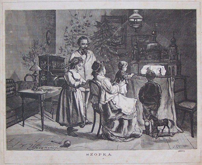 Kalėdų vaidinimas. XIX a. medžio raižinys