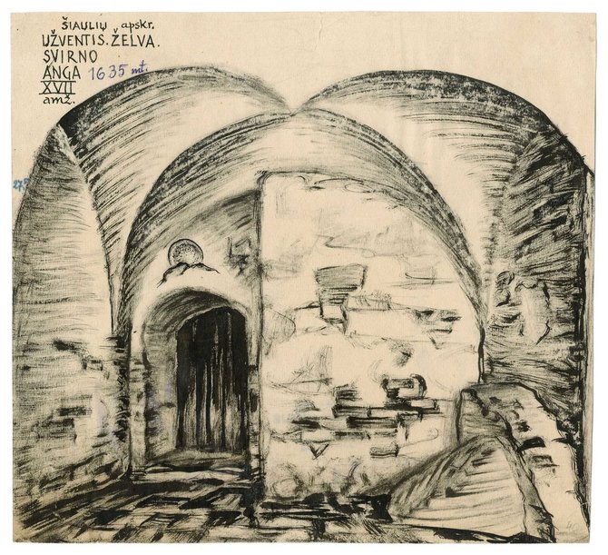 Programoje ekspedicija į Želvių dvarą. Želvių dvaro svirno interjeras, 1933, aut. G.Bagdonavičius