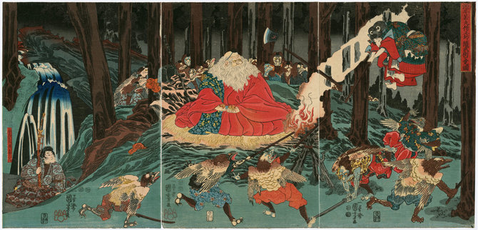 Utagawa Kuniyoshi (1797–1861) „Ušivakamaru mokosi fechtavimo meno iš tengu, prižiūrint jų šeimininkui Sodžiobui“, Popierius, spalvotas medžio raižinys / Lietuvos nacionalinis dailės muziejus