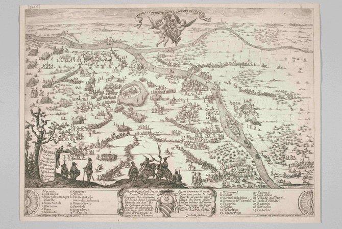 Zamek Królewski w Warszawie – Muzeum/Panoraminis Lenkijos karaliaus ir Lietuvos didžiojo kunigaikščio Mykolo Kaributo Višnioveckio (1669–1673) elekciją vaizduojantis Varšuvos ir jos apylinkių žemėlapis Fransua Kolijnonas (François Collignon, apie 1609–1687), pagal Džovanį Batistą Džizlenį (Giovanni Battista Gisleni, 1600–1672), 1669 