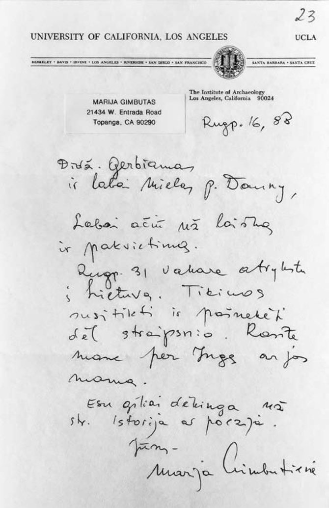 Naujasis Židinys-Aidai nuotr./Marijos Gimbutienės laiškas Vaidotui Dauniui. 1988-08-16