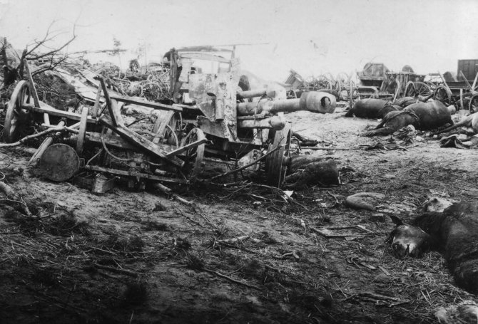 Pranešimo autorių nuotr./Rytų Prūsijoje sunaikinta vokiečių karinė technika, vežimai, matyti arklių palaikai. 1945 m.