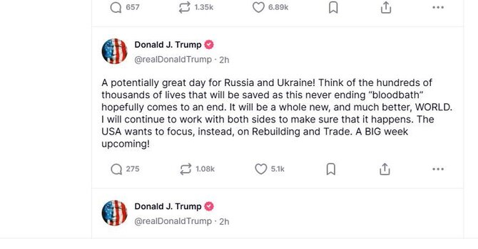 Ekrano nuotr./Donaldo Trumpo žinutė socialinio tinklo platformoje „Truth Social“