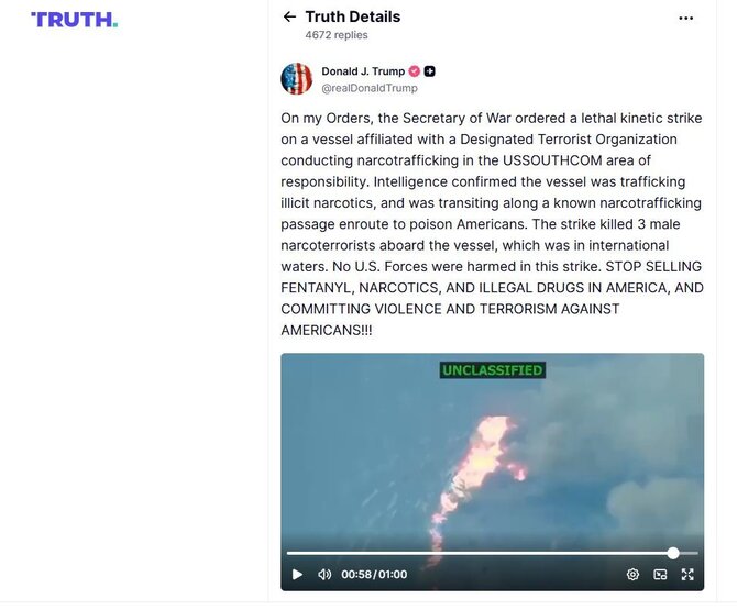 Ekrano nuotr./Donaldo Trumpo žinutė socialinio tinklo platformoje „Truth Social“
