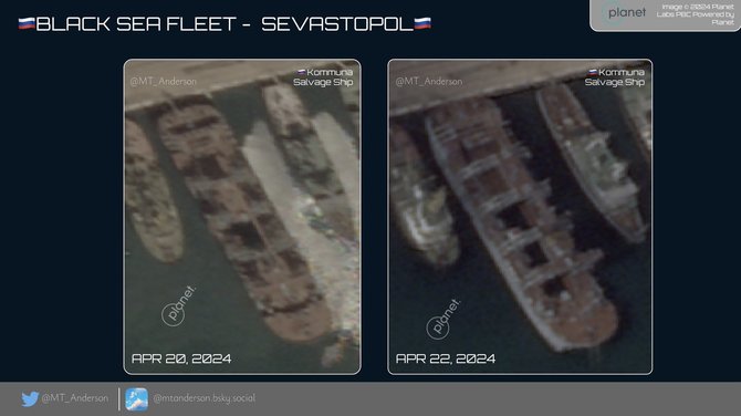 „MT Anderson“ nuotr./Rusų laivas „Komuna“ prieš ataką ir po