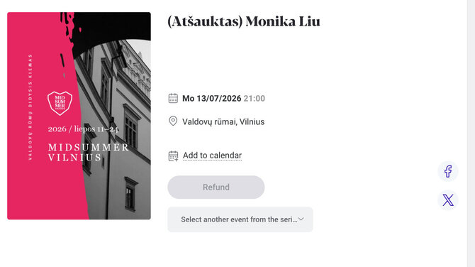 Monikos Liu koncertas Valdovų rūmuose – atšauktas