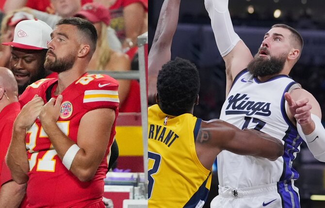 Scanpix nuotr./Travisas Kelce'as ir Jonas Valančiūnas