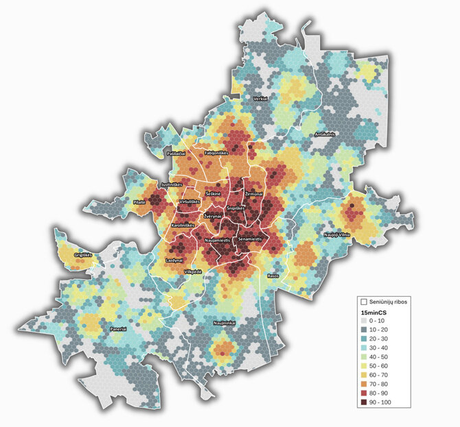 Vilniaus miesto savivaldybės nuotr./Paslaugų prieinamumo Vilniuje žemėlapis
