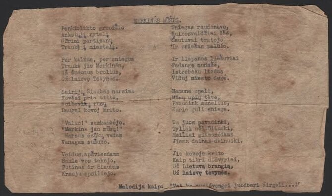 Organizatorių nuotr./Partizanų dainos tekstas skirtas Merkinės mūšiui