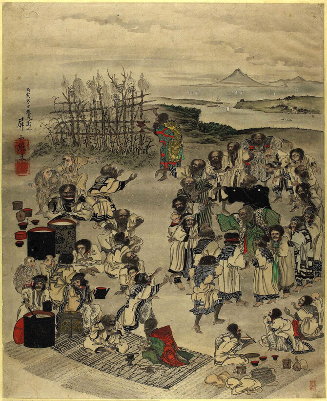 Britų muziejaus nuotr./Ainų grupės šoka ir geria priešais „nusa“. Aut. Hirasawa Byozan, 1866 m.