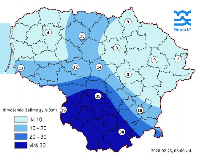 „Meteo.lt“ nuotr./2026 m. vasario 23 d. ryte išmatuotas dirvožemio įšalimo gylis, centimetrais. Spalvomis pateikiama informacija yra apytikslė, o nurodytos reikšmės – tikslios (išmatuota pašalomačiu meteorologijos stotyse).