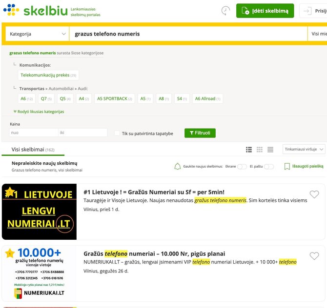 Pranešimo žiniasklaidai autorių nuotr./Skelbimai su parduodamais numeriais