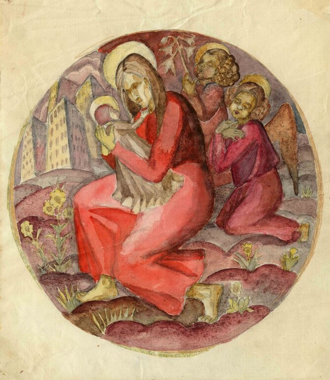 Jagodzińskių šeimos archyvo nuotr./Irena Karpińska. Kompozicija. 1928. Popierius, pieštukas, akvarelė 