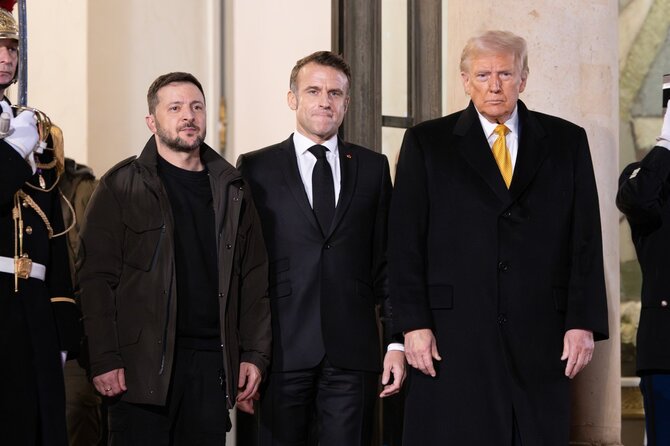 Shutterstock nuotr./Volodymyras Zelenskis, Emmanuelis Macronas, Donaldas Trumpas
