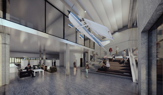 Bendrovės nuotr./„Vilnius Tech“ Antano Gustaičio aviacijos instituto naujo pastato vizualizacija