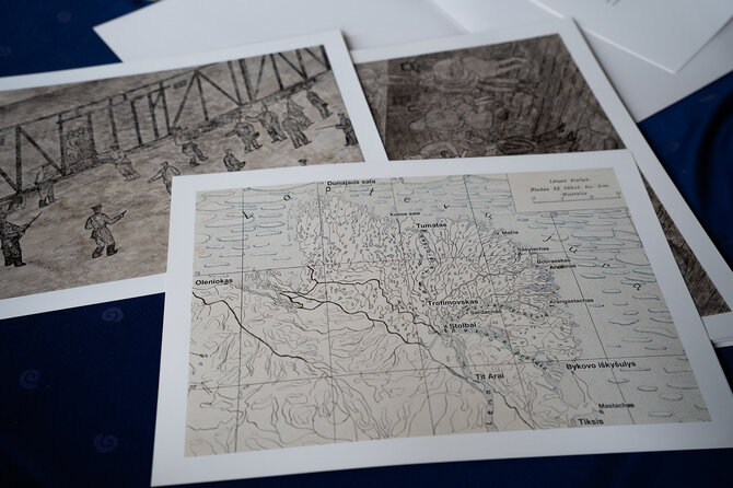 K. Jurevičiūtės nuotr./Tremties vietos prie Laptevų jūros ir piešiniai iš G. Martynaičio albumo