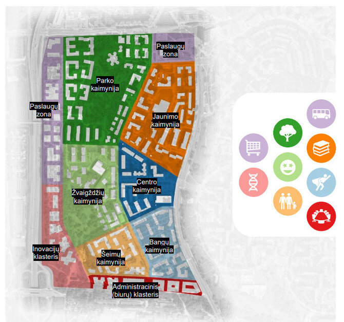 Vilniaus miesto savivaldybės nuotr./Teritorijos vystymo vizija – urbanistinė mozaika (kaimynijų pavadinimai – sąlyginiai)