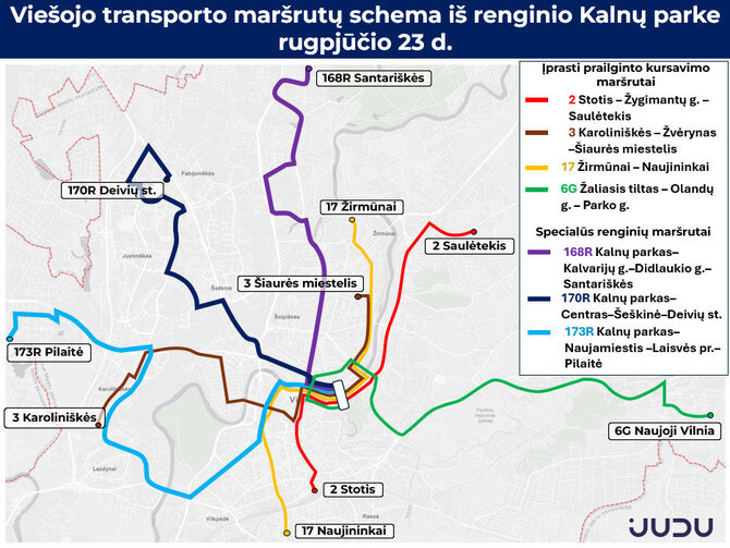 Vilniaus miesto savivaldybės nuotr./Rugpjūčio 23 d. viešojo transporto maršrutų schema