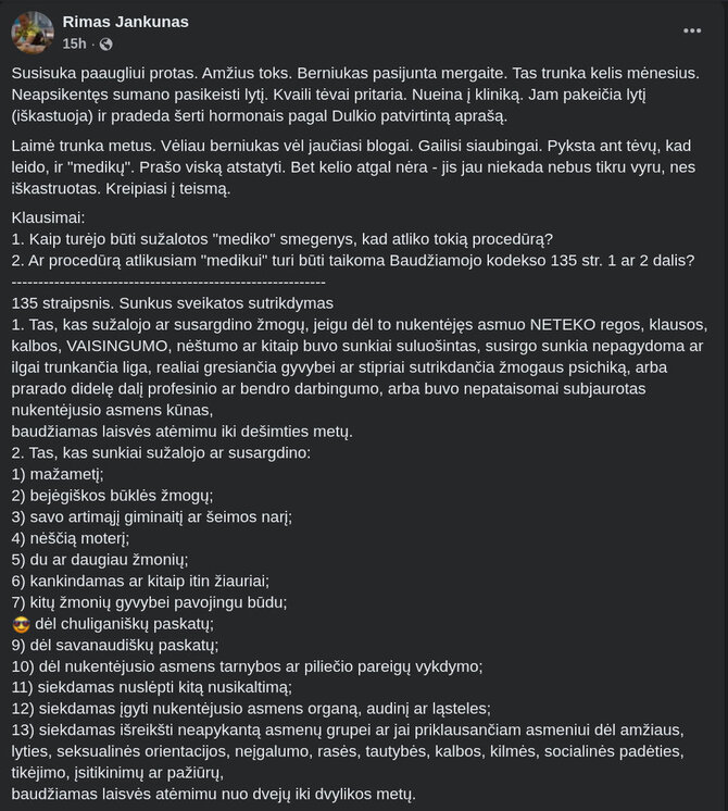 „Facebook“ įrašas/Rimas Jonas Jankūnas svarsto, kas yra translyčiai