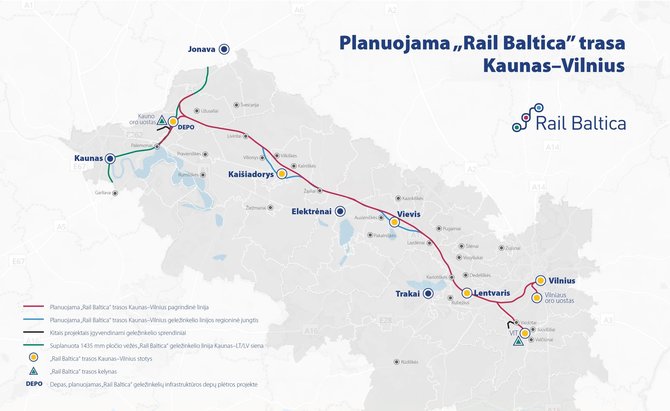Bendrovės nuotr./Planuojama „Rail Baltica“ trasa Kaunas–Vilnius