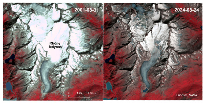 VU nuotr./Ronos (pranc. Rhône) ledynas Šveicarijoje 2001 ir 2024 m. rugpjūčio mėnesiais, remiantis netikros spalvos „Landsat“ 7 ir 8 palydovų duomenimis