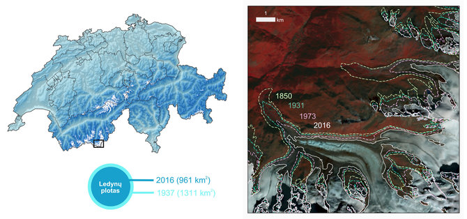 VU nuotr./Ledynų tirpimas 1850–2016 m. pietvakarių Šveicarijoje, remiantis GLAMOS aerofotografiniais ir palydoviniais stebėjimais. Dešinėje – 2016 m. spalio 2 d. netikros spalvos „Landsat 8“ palydovinis vaizdas su ledynų paplitimą skirtingais laikotarpiais vaizduojančiomis linijomis