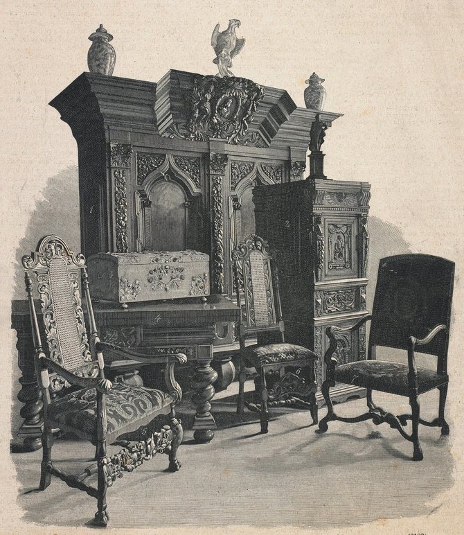 Biblioteka Narodowa nuotr./Baldai, XVII–XVIII a. Z Wystawy Sztuki i Starożytności w Warszawie: meble z XVII wieku. Wycinek z „Kłosów“ 1881, nr. 851.