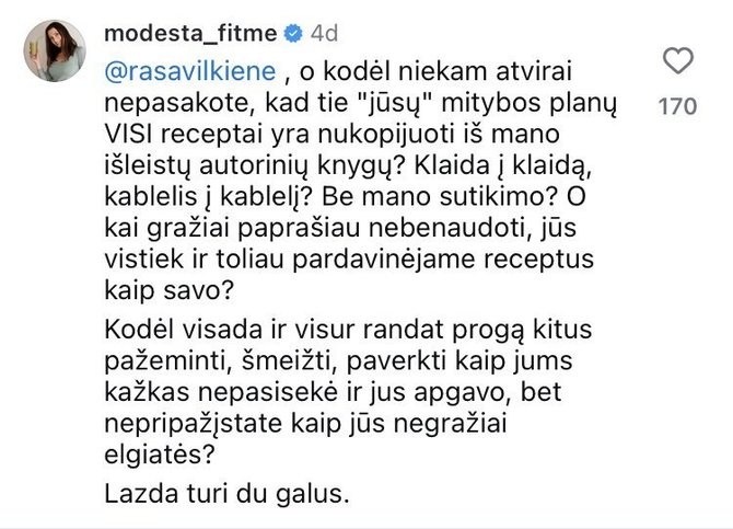 Socialinių tinklų ekrano kopija/Modestos Žukauskaitės komentaras socialiniame tinkle.