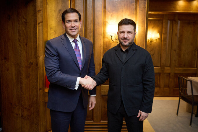 AFP/„Scanpix“ nuotr./Volodymyras Zelenskis ir Marco Rubio