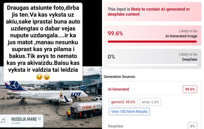 Kairėje – įrašas iš „Facebook“. Dešinėje – programos „Hive Moderation“ rezultatai – nuotrauka sugeneruota DI