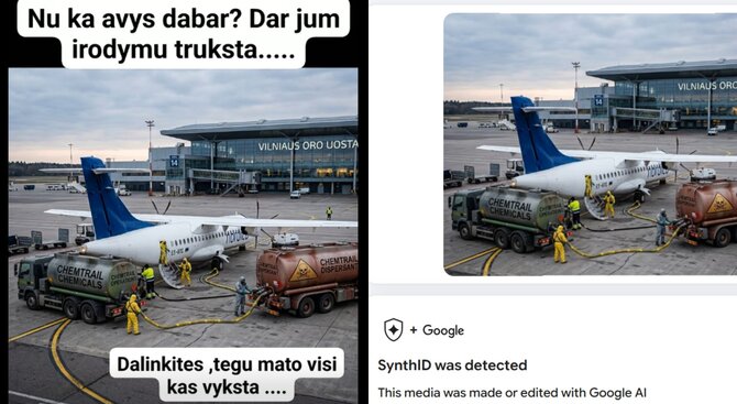 Kairėje – įrašas iš „Facebook“. Dešinėje – programos „SynthID Detector“ rezultatas – aptiktas vandens ženklas