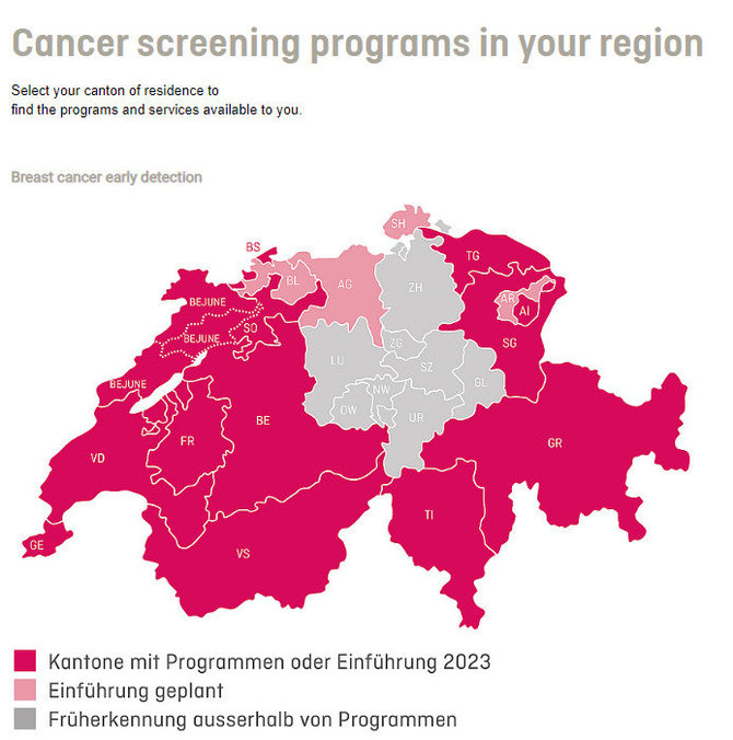 swisscancerscreening.ch/Žemėlapyje matyti, kuriuose regionuose vykdomos mamografijos programos