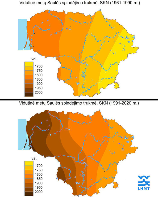 Lietuvos hidrometeorologijos tarnyba/Vidutinė metų Saulės spindėjimo trukmė