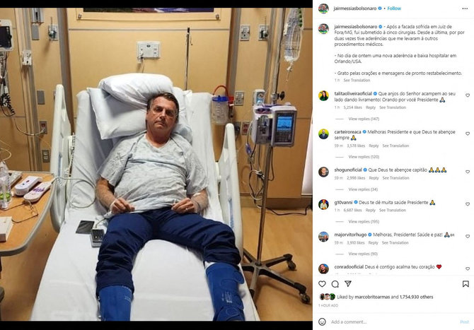 „Reuters“/„Scanpix“/Buvęs Brazilijos prezidentas J.Bolsonaro socialiniuose tinkluose pasidalino nuotrauka iš ligoninės