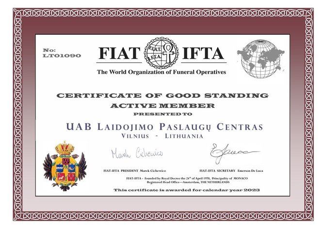 „Laidojimo paslaugų centro“ nuotr./FIAT IFTA sertifikatas